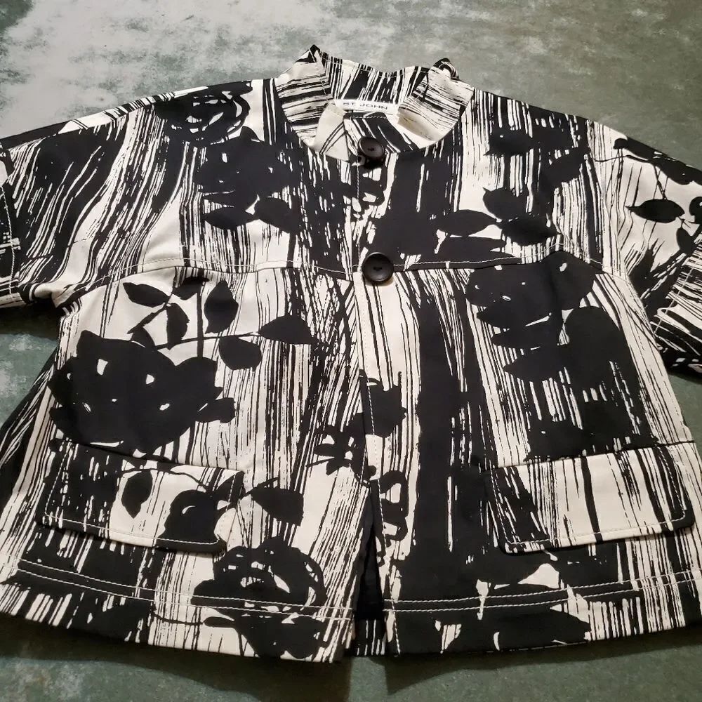 St John black&,white rose jacket sz 2